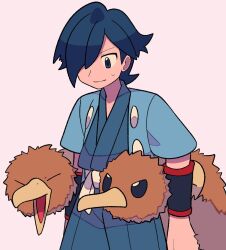 Rule 34 | 1boy, bird, blue eyes, blue hair, blue jacket, closed mouth, doduo, falkner (pokemon), gen 1 pokemon, hair over one eye, jacket, japanese clothes, kimono, looking down, male focus, nintendo, open clothes, open jacket, pokemon, pokemon (creature), pokemon hgss, sash, smile, sweatdrop, tyako 089, white sash, wristband