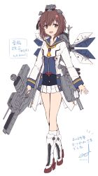 Rule 34 | 1girl, adapted turret, blue sailor collar, brown eyes, brown hair, commentary request, dress, headgear, highres, kantai collection, looking at viewer, machinery, minosu, neckerchief, original remodel (kantai collection), rudder footwear, sailor collar, short hair, simple background, smile, solo, translation request, two-tone dress, white background, white footwear, yellow neckerchief, yukikaze (kancolle), yukikaze kai ni (kancolle)