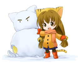 1girl bell blue_skirt boots brown_coat brown_eyes brown_hair cat coat darebe di_gi_charat gema hair_bell hair_ornament long_hair mittens open_mouth orange_boots orange_mittens outstretched_arm puchiko scarf skirt snow snowman solo winter