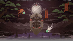 1boy 2others bandai beard claws colored_skin demon digimoji digimon digimon_(creature) enmamon facial_hair fangs fine_art_parody floating highres holding holding_sword holding_weapon looking_at_viewer mirror multiple_others outdoors parody pointy_ears red_skin sharp_teeth sitting sword teeth throne translation_request valley weapon