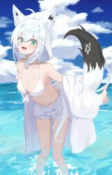 1girl absurdres animal_ear_fluff animal_ears bare_shoulders beach bikini blush braid breasts cleavage cloud cloudy_sky collarbone fox_ears fox_girl fox_tail front-tie_bikini_top front-tie_top green_eyes hair_between_eyes highres hololive long_hair medium_breasts navel open_mouth pentagram shino2121 shirakami_fubuki shorts sky smile solo stomach swimsuit tail thighs virtual_youtuber white_bikini white_hair white_shorts