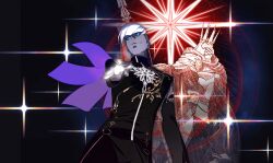 Rule 34 | 1boy, black shirt, blue eyes, colored sclera, colored skin, dark-skinned male, dark skin, earrings, fate/grand order, fate (series), grey sclera, grey skin, highres, indra (fate), jewelry, key visual, lightning bolt facial mark, long sleeves, looking at viewer, male focus, official art, pako (pakosun), promotional art, shirt, short hair, smile, solo, white hair