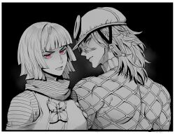 1boy 1girl argyle_clothes argyle_sweater black_background blue_eyes blunt_bangs border capelet closed_mouth clothing_cutout cross_ornament diego_brando flower_ornament from_behind greyscale helmet highres hot_pants_(sbr) jojo_no_kimyou_na_bouken kmy_muda looking_at_viewer looking_back medium_hair monochrome pink_eyes scarf shirt short_hair shoulder_cutout spot_color steel_ball_run sweater turtleneck turtleneck_sweater upper_body white_border
