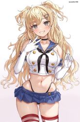 1girl black_neckerchief black_panties blonde_hair blue_skirt blush breasts cosplay crop_top elbow_gloves gloves grey_eyes hair_between_eyes hair_ornament hairclip highleg highleg_panties highres kantai_collection large_breasts long_hair looking_at_viewer microskirt minneapolis_(kancolle) mizuki_(uzuki_no_sato) navel neckerchief panties pleated_skirt sailor_collar shimakaze_(kancolle) shimakaze_(kancolle)_(cosplay) shirt skirt smile solo striped_clothes striped_thighhighs thighhighs twitter_username two_side_up underwear wavy_hair white_background white_gloves