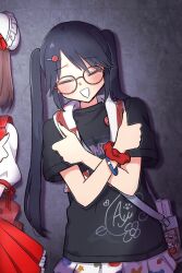 2girls bag black_hair black_shirt blush closed_eyes crossed_arms double_thumbs_up gel_p glasses highres idolmaster idolmaster_shiny_colors mitsumine_yuika multiple_girls open_mouth print_skirt round_eyewear scrunchie shirt shoulder_bag skirt thumbs_up towel towel_around_neck twintails white_mouth white_skirt wrist_scrunchie wristband