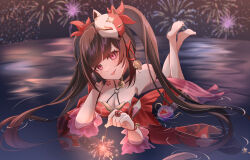 1girl :p absurdres aerial_fireworks bare_shoulders barefoot bell black_hair breasts cleavage dress fireworks fox_mask full_body highres holding holding_fireworks honkai:_star_rail honkai_(series) japanese_clothes large_breasts looking_at_viewer lying mark_under_both_eyes mask mask_on_head neck_bell on_stomach partially_submerged red_dress red_eyes remo_vxzr7334 smile solo sparkle_(honkai:_star_rail) tongue tongue_out twintails