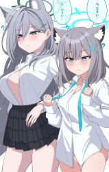 absurdres animal_ear_fluff blue_archive broken_halo cross cross_hair_ornament dark_halo hair_ornament halo highres inverted_cross mismatched_pupils onsen_(asnrtnbrsiku) shiroko_(blue_archive) shiroko_terror_(blue_archive) shirt skirt white_background wolf_girl