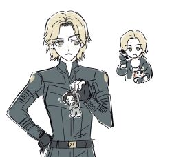 &gt;_&lt; 1boy 1girl animal animification belt black_belt black_gloves black_hair blonde_hair bodysuit cellphone chibi closed_mouth commentary_request earrings fingerless_gloves fingernails flying_sweatdrops gloves green_bodysuit green_eyes grey_pants grey_shirt guinea_pig half-closed_eyes hand_on_own_hip holding holding_animal holding_phone jewelry korean_commentary long_sleeves looking_at_viewer looking_to_the_side mandarin_collar marvel marvel_cinematic_universe multiple_views no_mouth open_mouth pants phone sentry_(marvel) shirt short_hair simple_background skdlfjgrp sparkle superhero_costume talking_on_phone thunderbolts_(film) upper_body white_background yelena_belova