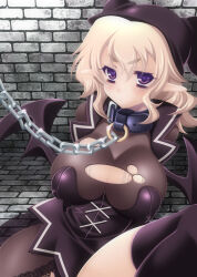 1girl :&lt; arms_behind_back bat_wings belt_collar black_hat black_panties black_thighhighs black_wings blonde_hair blue_collar bodice breasts brick_floor brick_wall chain closed_mouth collar covered_erect_nipples demon_girl hair_between_eyes hakoiri_nyanko hat jester_cap large_breasts mabinogi medium_hair panties pink_eyes pointy_ears purple_pupils sitting solo succubus_(mabinogi) sweat thick_eyebrows thighhighs torn_clothes underwear v-shaped_eyebrows wings