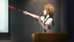 1girl bad_tag black_neckerchief black_sailor_collar breasts brown_hair collarbone from_side fukuda_tomonori game_cg green_eyes hair_between_eyes highres holding holding_laser_pointer holding_microphone indoors laser laser_pointer light_particles long_hair low_ponytail microphone neckerchief non-web_source official_art open_mouth outstretched_arm podium pointing ponytail red_ribbon ribbon robotics;notes sailor_collar school_uniform screen serafuku shirt short_sleeves single_sidelock small_breasts solo spotlight tennouji_nae tile_wall tiles tongue upper_body white_shirt