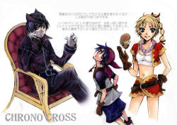 1boy 1girl age_difference bad_id bad_pixiv_id blonde_hair blue_hair chrono_(series) chrono_cross dark_serge dual_persona father_and_son kid_(chrono_cross) looking_at_viewer lynx multi-tied_hair ponytail serge_(chrono_cross) shiro_n smile translation_request