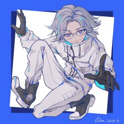 1boy aotsuki_eito black_gloves blue_border blue_eyes border full_body glasses gloves highres kneeling long_sleeves looking_at_viewer male_focus open_mouth smile solo teeth the_hundred_line_-last_defense_academy- white_background white_hair zipper zipper_pull_tab