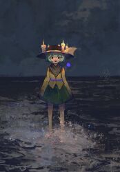 1girl barefoot black_eyes black_hat candle candle_hat_ornament cloud cloudy_sky contrast_collar eyeball ge_dazuo green_hair green_skirt hat hat_ribbon highres koishi_day komeiji_koishi ocean outdoors ribbon shirt skirt sky smile third_eye touhou wide_sleeves yellow_ribbon yellow_shirt