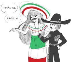 Rule 34 | 1boy, 1girl, absurdres, alternate costume, bright pupils, brother and sister, cabronpr, commentary, cowboy shot, double-parted bangs, dress, english commentary, fake facial hair, fake mustache, flag print, hair behind ear, hair between eyes, hand on own hip, hat, highres, index finger raised, long hair, long sleeves, mari (faraway) (omori), mari (omori), mexican flag, mexican flag print, off-shoulder dress, off shoulder, omori, one eye closed, open mouth, pants, partially colored, profile, short hair, short sleeves, siblings, simple background, sombrero, speech bubble, sunny (omori), tongue, white background