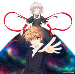 1boy 1girl a-pose arm_at_side arm_ribbon black_choker black_dress black_suit blush bow buttons choker closed_eyes closed_mouth collarbone collared_shirt commentary_request company_name criss-cross_halter dress facing_viewer formal_clothes frown grey_hair halterneck kagari_(rewrite) long_dress long_ribbon looking_at_viewer na-ga official_art open_hands orange_eyes orange_hair outstretched_arm outstretched_hand parted_lips puffy_short_sleeves puffy_sleeves red_bow red_ribbon rewrite ribbon second-party_source serious shirt short_hair short_sleeves simple_background space spiked_hair suit tennouji_kotarou two-tone_background upper_body v-shaped_eyebrows white_background white_shirt wrist_bow