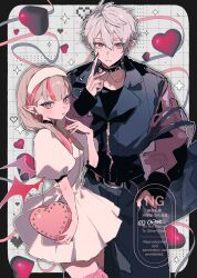 Rule 34 | 0x3nr, 1boy, 1girl, alternate costume, bag, black border, black pants, border, brown hair, choker, collar, colored inner hair, commentary, demon wings, dress, earrings, fingernails, grey hair, grid background, hair between eyes, hairband, halftone, heart, heart-shaped bag, heart choker, highres, jacket, jewelry, kuzuha (nijisanji), light smile, long hair, looking at viewer, makaino ririmu, mole, mole under eye, multicolored hair, nail polish, nijisanji, open clothes, open jacket, outline, outside border, pants, pink eyes, pink hair, pointy ears, puffy short sleeves, puffy sleeves, red eyes, ribbon, sharp fingernails, short hair, short sleeves, shoulder bag, spiked collar, spikes, streaked hair, stud earrings, symbol-only commentary, virtual youtuber, watermark, white dress, white hairband, wings