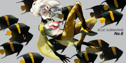 1girl animal ao_no_roku-gou caustics colored_skin copyright_name fish floating from_side grey_background hair_over_mouth horocca looking_at_viewer mutio pointy_ears red_eyes solo white_hair white_skin yellow_skin