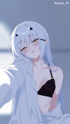 1girl bare_shoulders black_bra bra breasts collarbone fate/grand_order fate_(series) forked_eyebrows highres kayu_manis19 licking_lips long_hair long_sleeves looking_at_viewer melusine_(fate) naked_shirt off_shoulder office_lady open_clothes open_mouth open_shirt outstretched_arm outstretched_hand reaching reaching_towards_viewer shirt small_breasts solo sweat tongue tongue_out underwear white_hair white_shirt yellow_eyes