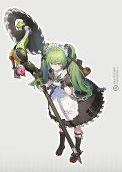 1girl absurdres animal_bag apron bear_bag black_boots black_dress blue_shrimp boots breasts chain charm_(object) circular_saw commentary corin_wickes cuffs dress full_body green_hair grey_background hair_between_eyes highres holding holding_weapon knee_boots long_hair looking_at_viewer maid maid_apron maid_headdress open_mouth outline puffy_short_sleeves puffy_sleeves purple_eyes saw screw_hair_ornament short_sleeves simple_background solo standing twintails twitter_username weapon white_outline zenless_zone_zero