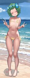 1girl absurdres artist_logo barefoot beach bikini blush closed_eyes double_v elementary_(lolipope) flat_chest full_body gluteal_fold gold_bikini green_hair head_wreath highres lips logo loli looking_at_viewer navel ocean open_mouth re:zero_kara_hajimeru_isekai_seikatsu shadow smile solo stomach swimsuit teeth typhon_(re:zero) v