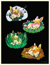 Rule 34 | artist name, autumn leaves, black background, border, deerling, deerling (autumn), deerling (spring), deerling (summer), deerling (winter), gen 5 pokemon, grass, green fur, highres, leaf, nintendo, no humans, orange fur, outside border, pink fur, pokemon, pokemon (creature), signature, simple background, sleeping, snow, squeegool, two-tone fur, white border, yellow fur