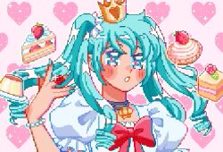1girl animated animated_gif aqua_eyes aqua_hair bad_id bad_tumblr_id blinking blush bow bracelet cake cake_slice chromatic_aberration crown food fruit_tart hatsune_miku heart icing inactive_account jewelry long_hair mini_crown necklace pixel_art princess pudding puffy_short_sleeves puffy_sleeves red_bow ring ru_(toyhamu) shirt short_sleeves solo strawberry_shortcake strawberry_tart sweets tart_(food) twintails upper_body vocaloid white_shirt world_is_mine_(vocaloid)