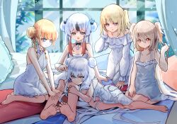 5girls absurdres azur_lane bare_arms bare_legs bare_shoulders barefoot black_hair blonde_hair blue_eyes breasts camisole chinese_commentary cleavage collarbone commentary_request criss-cross_halter curtains dhy-232 double_bun dress feet gradient_hair grey_hair hair_bun halter_dress halterneck highres indoors kneeling l&#039;audacieux_(azur_lane) l&#039;indomptable_(azur_lane) le_malin_(azur_lane) le_malin_(sleepy_sunday)_(azur_lane) le_terrible_(azur_lane) le_terrible_(silence_slumber_and_solace)_(azur_lane) le_triomphant_(azur_lane) looking_at_another lounging lying multicolored_hair multiple_girls official_alternate_costume on_bed one_side_up orange_eyes pajamas purple_eyes red_hair seiza siblings sisters sitting small_breasts streaked_hair toes twintails white_camisole white_pajamas window yokozuwari