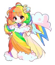 1girl ahoge animal_ears arm_wrap bead_necklace beads blue_wings breasts buyao_guan chinese_commentary cloud commentary_request cropped_legs dress feathered_wings food formal_clothes fruit fur-trimmed_dress fur_trim grand_galloping_gala grapes highres horse_ears horse_girl jewelry laurel_crown lightning_bolt_symbol long_hair looking_at_viewer low-tied_long_hair multicolored_dress multicolored_hair my_little_pony my_little_pony:_friendship_is_magic necklace official_alternate_costume official_alternate_hairstyle personification rainbow_dash rainbow_hair rainbow_print red_eyes simple_background small_breasts smile solo standing white_background wings