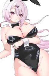 1girl absurdres animal_ears bare_shoulders black_bow black_bowtie black_leotard blush bow bowtie breasts cleavage collarbone commentary detached_collar fanged_bangs groin hair_between_eyes hair_ribbon highres large_breasts leotard long_hair looking_at_viewer nijisanji open_mouth pink_eyes pink_hair pink_ribbon playboy_bunny rabbit_ears ribbon shiina_yuika simple_background solo strapless strapless_leotard sweat thighs tillots virtual_youtuber white_background white_wrist_cuffs wrist_cuffs