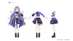 1girl amagai_tarou black_footwear black_skirt bow center-flap_bangs center_frills reference_sheet colored_inner_hair commentary cropped_shirt detached_sleeves detached_wings double-parted_bangs english_commentary frills full_body gem gradient_hair grey_hair grin hair_bow hair_flaps highres hololive hololive_english jewel_under_eye koseki_bijou long_hair long_sleeves looking_at_viewer metal_wings multicolored_hair multiple_views official_alternate_costume official_art pink_hair puffy_detached_sleeves puffy_sleeves purple_eyes purple_gemstone purple_hair second-party_source sidelocks simple_background single_detached_sleeve single_sleeve skirt smile turnaround very_long_hair virtual_youtuber white_background wings