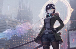 1girl asymmetrical_bangs belt belt_buckle black_belt black_coat black_gloves black_hair black_hat black_pants blue_eyes buckle cityscape cloud cloudy_sky coat commentary covered_mouth cowboy_shot denim embers english_commentary expressionless fingerless_gloves fur-trimmed_hood fur_trim gloves glowing glowing_eyes hand_on_own_hip hat headphones headphones_around_neck high_belt highres holding holding_sword holding_weapon hood hood_down hooded_coat jeans kaijuicery katana long_sleeves looking_at_viewer mask mouth_mask open_clothes open_coat original outdoors pants peaked_cap science_fiction short_hair sky snowing solo standing sweater sword weapon white_mask white_sweater