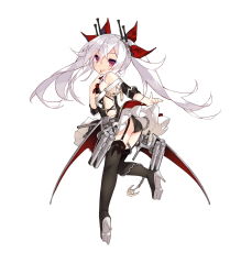 1girl ass azur_lane black_panties blush bow closed_mouth female_focus full_body garter_straps hair_bow hair_ornament highres index_finger_raised lace lace-trimmed_legwear lace_trim long_hair looking_at_viewer official_art panties purple_eyes red_bow saru ship_turret silver_hair simple_background smile solo thighhighs twintails underwear vampire_(azur_lane) very_long_hair white_background