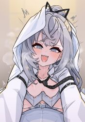 Rule 34 | 1boy, 1girl, after kiss, black necktie, blush, breasts, clothed sex, commentary, cum, cum in pussy, cum overflow, girl on top, grey eyes, grey hair, heart, heart-shaped pupils, hetero, highres, hololive, hololive indonesia, long hair, looking at viewer, medium breasts, moral cacoethes, necktie, nipples, official alternate costume, official alternate hairstyle, open clothes, open mouth, open shirt, paid reward available, partially unbuttoned, penis, saliva, saliva trail, sex, sharp teeth, shirt, smile, solo focus, straddling, sweat, symbol-only commentary, symbol-shaped pupils, teeth, uncensored, undone necktie, vaginal, vestia zeta, vestia zeta (businesswoman), virtual youtuber, white shirt