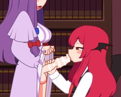 Rule 34 | 1futa, 1girl, animated, animated gif, bar censor, bat wings, black vest, blue bow, blush, bookshelf, bouncing breasts, bow, breasts, censored, clothes lift, collared shirt, commentary request, dress, dress lift, erection, eyelashes, fellatio, from side, futa with female, futanari, hair bow, handjob, head wings, indoors, koakuma, large breasts, large penis, long hair, long sleeves, low-tied long hair, necktie, open mouth, oral, patchouli knowledge, penis, profile, purple dress, purple hair, red bow, red eyes, red hair, red necktie, shinoda404, shirt, sidelocks, slit pupils, standing, straight hair, striped clothes, striped dress, sweatdrop, testicles, touhou, vertical-striped clothes, vertical-striped dress, vest, white shirt, wings