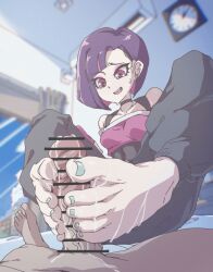 1boy 1girl animated animated_gif bar_censor barefoot cap_kakumei_bottleman_dx censored cum ejaculation feet footjob funen_gomi_m hakase_kaori male_squirt medium_hair open_mouth penis pointless_censoring post_orgasm_torture purple_eyes purple_hair tagme toes two-footed_footjob