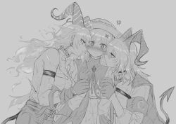 3girls aoi_(aoisaka) armband bags_under_eyes belt blush cape choker closed_mouth demon_tail earrings girl_sandwich gloves greyscale hat highres holding_another&#039;s_wrist horns jewelry key_earrings long_hair monochrome multiple_girls pants parted_lips phoebe_(wuthering_waves) sandwiched scar scar_on_arm shirt tail torn_clothes torn_shirt wuthering_waves yuri zani_(wuthering_waves)