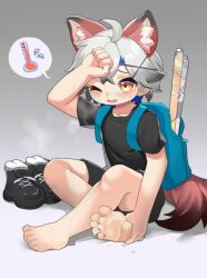 1boy animal_ear_fluff animal_ears backpack bag barefoot black_hair black_pants black_shirt blue_bag feet grey_hair hot male_focus one_eye_closed open_mouth original pants sakurami_sumi scroll shirt shorts shota sitting soles solo steaming_body sweat tail toenails toes