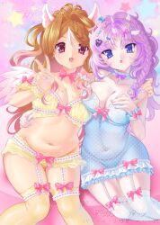 2000s_(style) 2girls :o absurdres blue_eyes breasts brown_hair cleavage commentary eyelashes fillyskywishes highres lingerie long_hair mole mole_on_breast multiple_girls navel open_mouth original plump purple_hair red_eyes smile stretch_marks underwear
