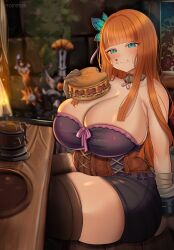 1girl artist_name black_thighhighs blue_eyes blunt_bangs blush breasts burger butterfly_hair_ornament cleavage corset cup detached_collar eating food food_on_face from_side gloves hair_ornament holding holding_food huge_breasts long_hair noiretox orange_hair original plump short_shorts shorts sitting skindentation smile solo table tavern thick_thighs thighhighs thighs