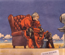 1boy :d ^_^ alcohol armchair beer black_cat black_gloves black_legwear blonde_hair blue_sky can cat chair closed_eyes cloud coat copyright_name day desert drink closed_eyes facing_away from_side glasses gloves high_collar highres jacket kuroneko_(trigun) laughing leaning_forward long_coat long_sleeves male_focus manly mechanical_arms mechanical_legs open_mouth outdoors own_hands_together prosthesis prosthetic_arm prosthetic_leg red_coat red_jacket red_upholstery short_hair silver_hair single_mechanical_arm single_mechanical_leg sitting sky smile solo spiked_hair sunglasses television tinted_eyewear trigun trigun_maximum vash_the_stampede yellow-tinted_eyewear