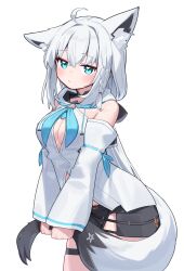 1girl :/ absurdres ahoge animal_ear_fluff animal_ear_piercing animal_ears aqua_eyes black_ribbon black_shorts blue_neckerchief braid commentary crossed_bangs deaver detached_sleeves fox_ears fox_girl fox_tail front_slit hair_between_eyes hair_ribbon highres holding_own_tail hololive hood hooded_vest hoodie leaning_forward long_hair long_sleeves looking_at_viewer neckerchief pentagram ribbon shirakami_fubuki shirakami_fubuki_(1st_costume) short_shorts shorts side_braid side_slit side_slit_shorts simple_background single_braid solo standing tail thigh_strap very_long_hair vest virtual_youtuber white_background white_hair wide_sleeves