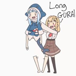 2girls =_= a_(phrase) animal_hood animated black_eyes blonde_hair blue_hair blush disappointed english_text falling fins fish_tail gawr_gura hair_ornament hololive hololive_english hood kiirokuma lifting_person longcat_(meme) meme multiple_girls plaid_clothes plaid_skirt shark shark_hood shark_tail sharp_teeth shirt skirt smile surprised tail teeth v-shaped_eyebrows video virtual_youtuber watson_amelia watson_amelia_(1st_costume) what white_shirt