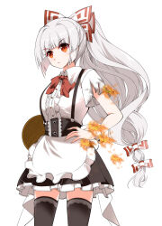 Rule 34 | 1girl, absurdres, alternate costume, apron, black skirt, black thighhighs, bow, burnt clothes, enmaided, fire, fujiwara no mokou, hand on own hip, highres, long hair, maid, maid apron, miniskirt, ofuda, ofuda on head, parted lips, ponytail, red bow, red eyes, shirt, short sleeves, simple background, skirt, solo, thighhighs, touhou, tray, usuusu, white background, white hair, white shirt