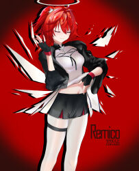 1girl :3 absurdres arknights arm_up artist_name black_gloves black_jacket black_shorts chinese_commentary closed_eyes closed_mouth clothes_lift commentary_request cross dated detached_wings drop_shadow exusiai_(arknights) exusiai_the_new_covenant_(arknights) feet_out_of_frame fingerless_gloves gloves hair_between_eyes halo highres jacket latin_cross lifting_own_clothes medium_hair midriff navel pantyhose red_background red_hair remico shirt shirt_lift shorts smile solo spotlight standing thigh_strap traditional_halo white_halo white_pantyhose white_shirt wings