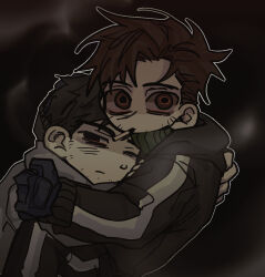 afraid_of_monsters bags_under_eyes black_eyes black_gloves black_hair black_hoodie bloodshot_eyes blurry blurry_background brown_eyes brown_hair carrying chibi chibi_only cigarette cry_of_fear curtained_hair david_leatherhoff exhausted facial_hair fingerless_gloves gloves goatee_stubble grey_hoodie hand_on_another&#039;s_arm hand_on_another&#039;s_back highres hood hood_down hoodie hug ju-san leaning_on_person looking_at_viewer messy_hair one_eye_closed outline princess_carry print_hoodie scar scar_on_face simon_henriksson stubble sweatdrop turtleneck white_outline