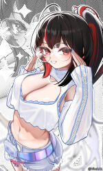 1girl absurdres adjusting_eyewear ahoge belt black_hair blunt_bangs bra bra_peek breasts cleavage cleavage_cutout clothing_cutout commentary cowboy_shot crop_top detached_sleeves dinosaur dinosaur_footprints dutch_angle glasses goddess_of_victory:_nikke hands_up highres jewelry large_breasts long_hair looking_at_viewer midriff moran_(nikke) moran_(off-duty_queen)_(nikke) multicolored_hair navel necklace official_alternate_costume ponytail red_eyes red_hair round_eyewear shirt shoes shorts smile sneakers solo streaked_hair torn_clothes torn_shorts twitter_username tyrannosaurus_rex underwear viw white_shirt zipper zoom_layer