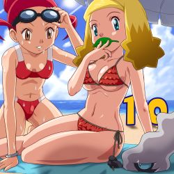 00s 2girls alice_(pokemon) allegra_(pokemon) aqua_eyes beach bikini blonde_hair breasts brown_eyes covered_erect_nipples darkrai day gen_4_pokemon goggles leaf legendary_pokemon lowres medium_breasts midriff multiple_girls mythical_pokemon navel nintendo pokemoa pokemon pokemon:_the_rise_of_darkrai pokemon_(anime) pokemon_(creature) pokemon_dppt_(anime) red_hair side-tie_bikini_bottom sweat swimsuit