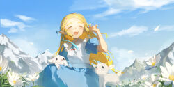 1girl absurdres blonde_hair blue_dress blue_ribbon blue_sky closed_eyes cloud commentary creature daisy_(flower) dress falling_petals field flower flower_field frilled_dress frills hair_ribbon hand_up highres long_hair mountainous_horizon nintendo open_mouth outdoors petals princess_zelda ribbon short_sleeves sky smile solo symbol-only_commentary teeth the_legend_of_zelda two-tone_dress upper_teeth_only white_dress white_flower white_petals yumiyumo3o