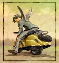 1girl aaru_sentou_shuudan androgynous angel brown_footwear flat_tire haibane_renmei halo kana_(haibane) lambretta looking_back motor_vehicle on_scooter open_mouth reverse_trap scooter solo spare_tire traditional_halo unused_tire wings wings_through_clothes