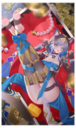1girl absurdres animal_ears ass black_gloves blue_eyes boots breast_ribbon breasts cat_ears cat_girl cat_tail cipher_(honkai:_star_rail) coin comet-c fingerless_gloves gem gloves gold_boots gold_coin grey_hair highres honkai:_star_rail honkai_(series) large_breasts legs_up mole mole_on_breast panties pearl_(gemstone) short_hair_with_long_locks soles solo tail toes tongue tongue_out underwear white_panties